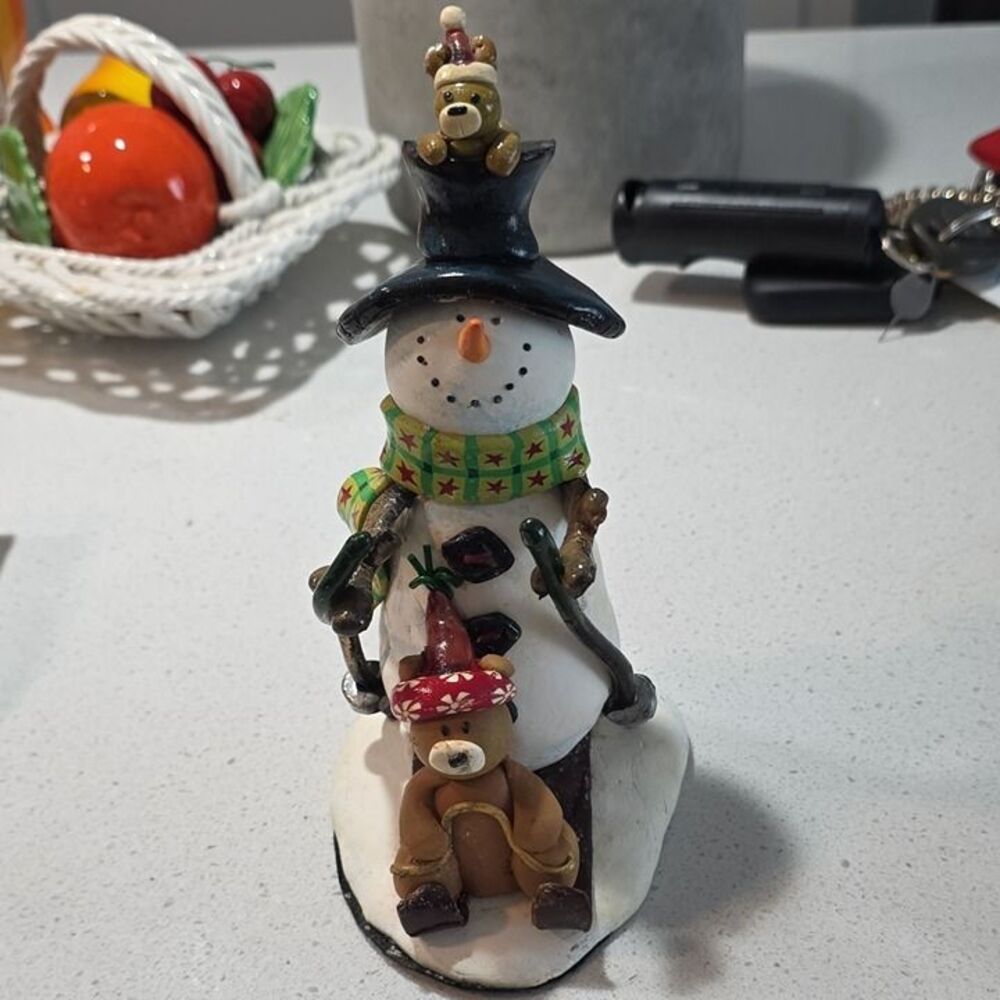 Christmas Snowman Resin Figurine Hand Painted Stars Hat Scarf w/ Teddy Bears